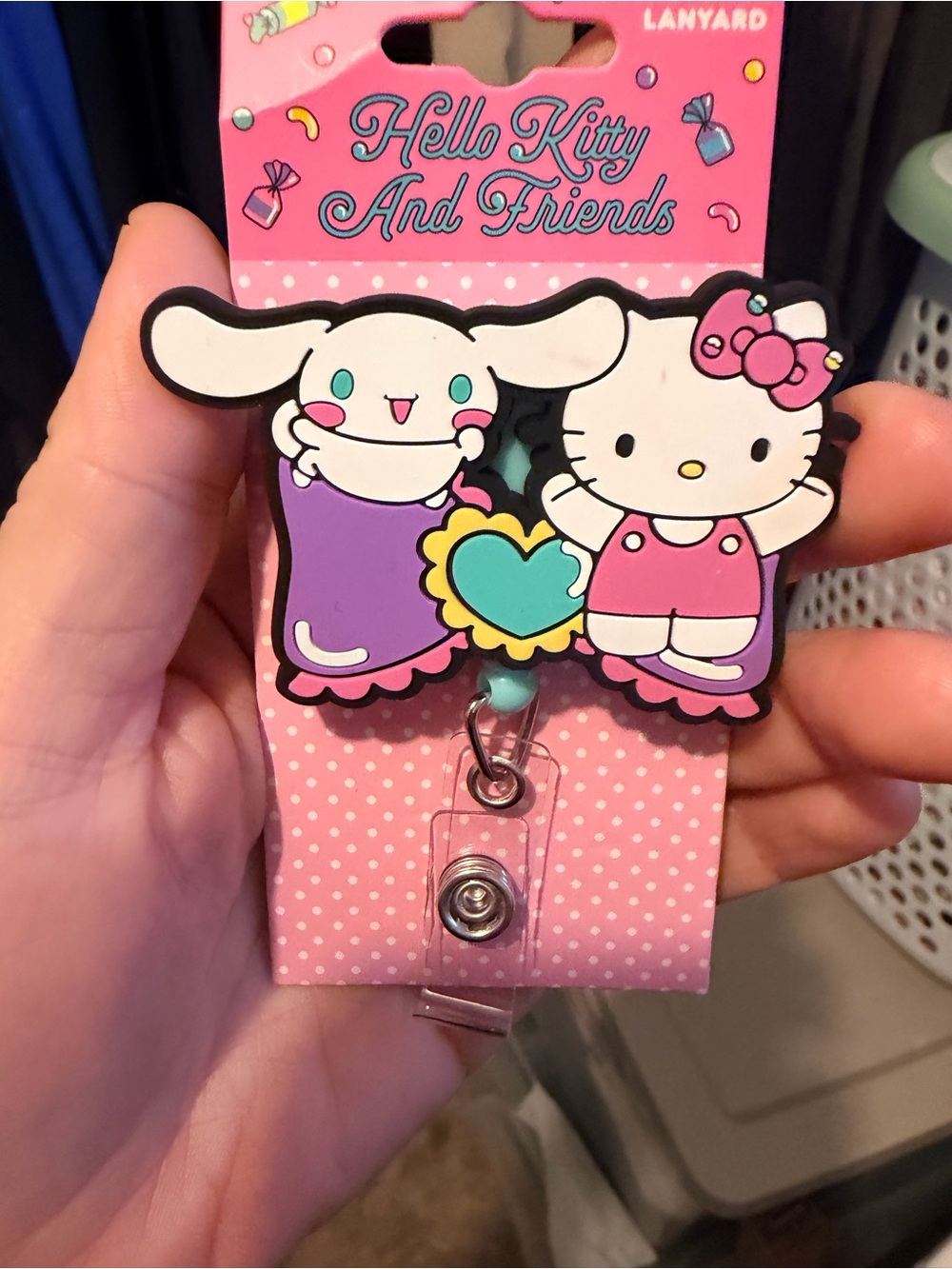 Hello Kitty Pink and Black Badge Reel with Clip